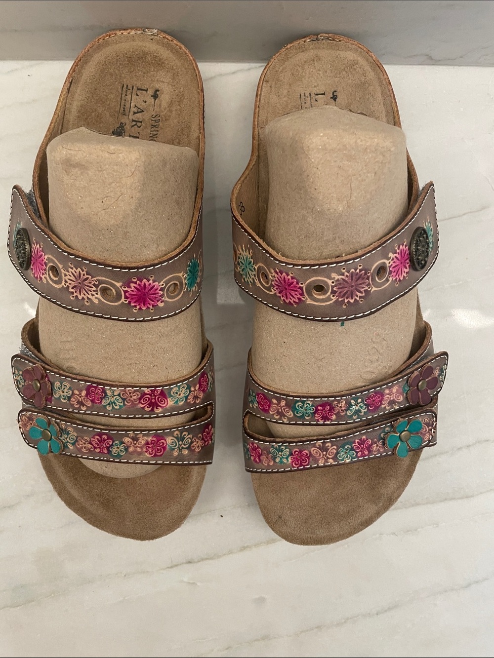 Size 39 Embroidered Brown Slide Sandals with Pink & Teal Floral Accents